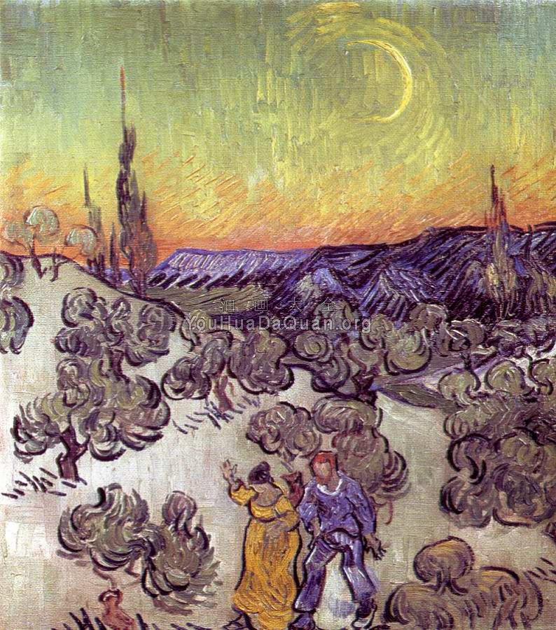 走在橄榄林中的夫妇和新月 - 文森特·威廉·梵高